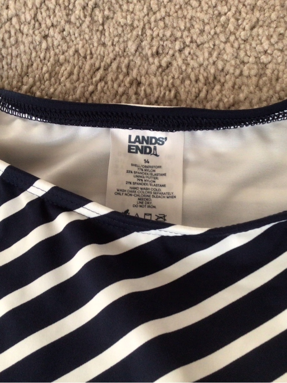 LANDS’ END TANKINI TOP- NAVY AND WHITE MIXED DIAGONAL STRIPE- SIZE 14 - Picture 4 of 7